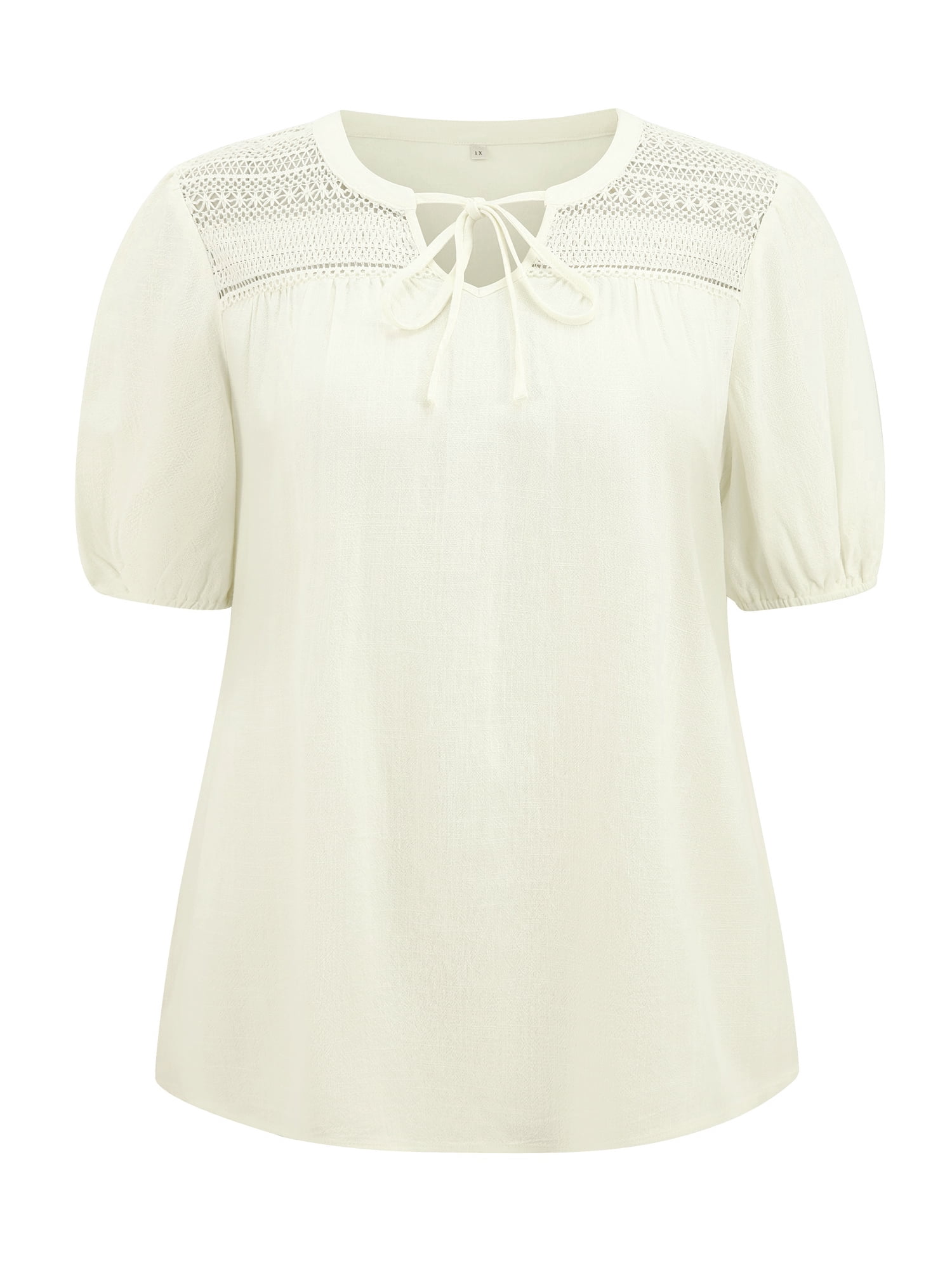 DARING DIVA Women's Plus Lace Panel Tie Neck Puff Sleeves Blouse 2X White