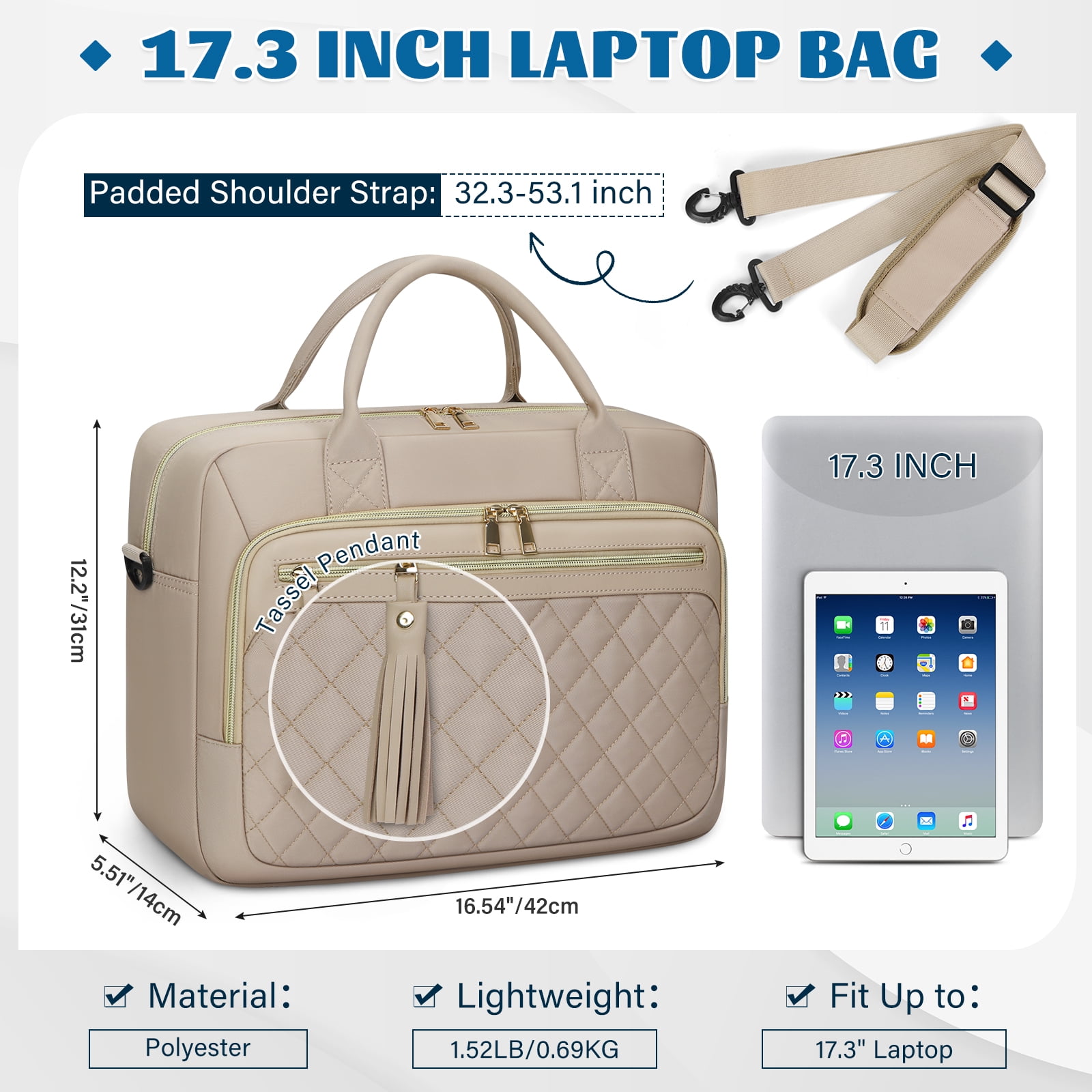 RAINSMORE Laptop Bag 17.3 Inch Messenger Shoulder Bags for Women Waterproof Computer Briefcase Large Laptop Case for Work Business Office College Travel,Khaki