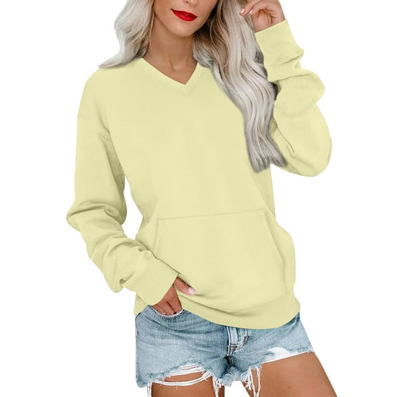 Lumtrix V Neck Sweatshirt Women with Pockets Casual Plain Comfort Hoodless Hoodies Pullover Sweatshirts No Hood Fall Long Sleeve Pullover Beige XL