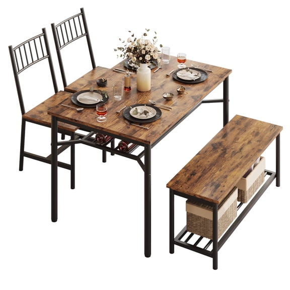 Acekid Dining Table Set for 4, Kitchen Table and 2 Chairs with Storage Bench, 47.2" Rectangular Table, Wine Rack, Dining Room Table Set for Small Space Apartment, Brown