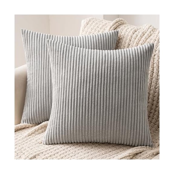Eryueer Set of 2 Striped Corduroy Square Throw Pillow Case Soft Cushion Covers Sham Home for Sofa Couch/Bedroom Decorative Fluffy Large Pillowcases 16x16 Inch 40x40cm Light Grey