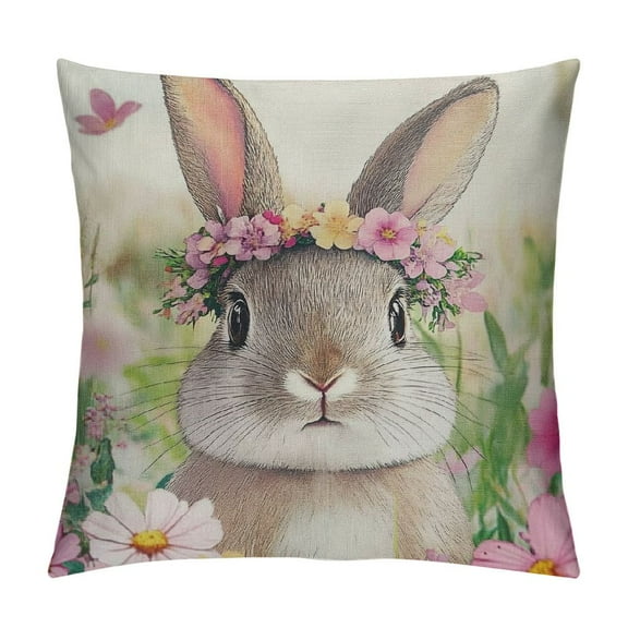 PRATYUS Easter Pillow Covers Spring Cute Bunny Rabbit Eggs Watercolor Pink Blue Floral Easter Themed Decorative Throw Pillow Cases Outdoor Farmhouse Decoration for Sofa Couch Bed 12x12in