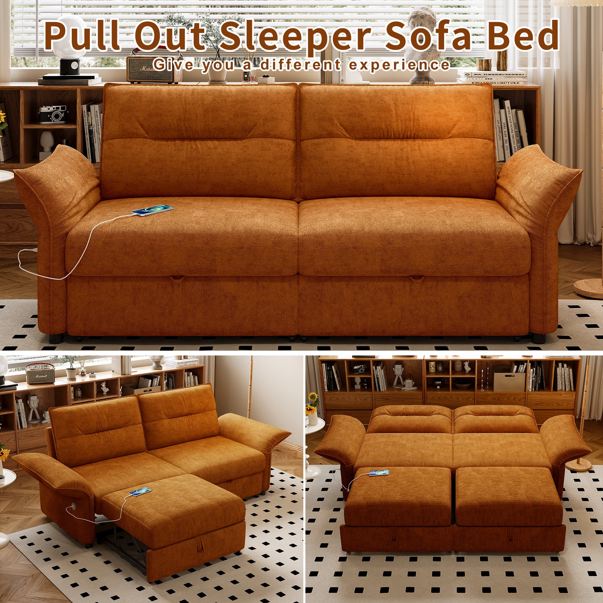 Leumius 85" Convertible Sofa Bed with Wood Frame,2-in-1 Upholstered Sleeper Sofa Bed with Pull Out Bed for Living Room,Apartment,600 lbs Capacity,Orange