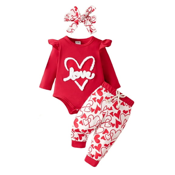 Girls Outfits Valentine's Day Heart Print Long Sleeve Top and Printed Trousers Headband Set for Baby Girl Kids Three Piece Red 6 Months-12 Months