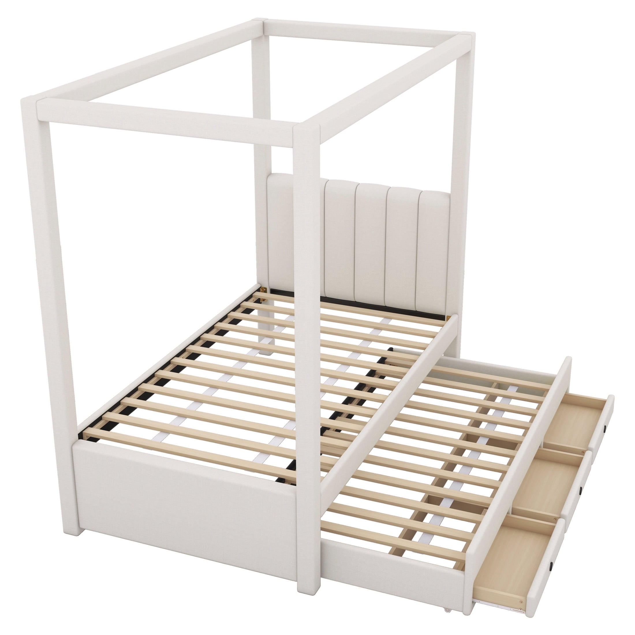 Noble House Twin Canopy Platform Bed, Linen Upholstered Frame with Trundle and Storage Drawers, Beige