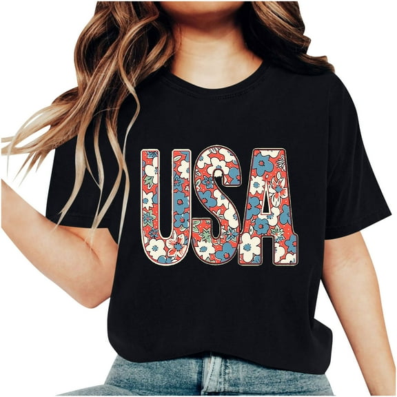 Raeneomay Oversized T Shirts for Women Fashion Independence Day Printed Short Sleeved Round Neck T-Shirt Top