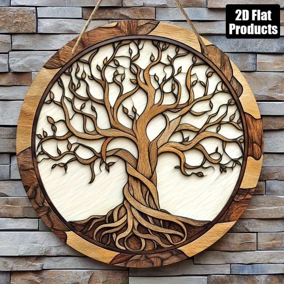HELLOYOUNG Tree of Life Wall Art - 5.9 Inch Rustic Round Wood Sign, Decorative Wall Decor for Living Room Kitchen Office, Unique Artistic Holiday Housewarming Gift