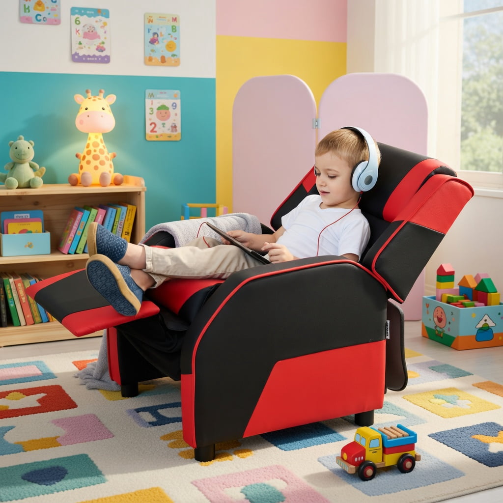 Barara King Kids PU Leather Recliner Chair with Headrest and Footrest, Kids Gaming Sofa Recliner Chair for Living Room, Bedroom, Red