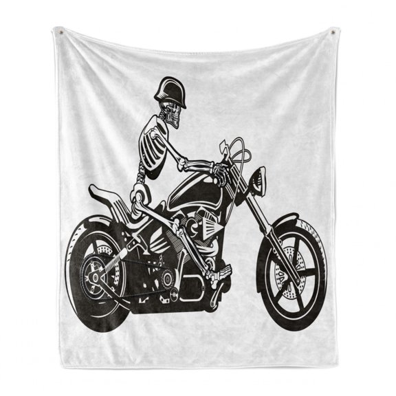 Skeleton Soft Flannel Fleece Throw Blanket, Crazy Halloween Riding a Motorbike Fun Freedom and Dead Themed, Cozy Plush for Indoor and Outdoor Use, 60" x 80", Charcoal Grey and White, by Ambesonne