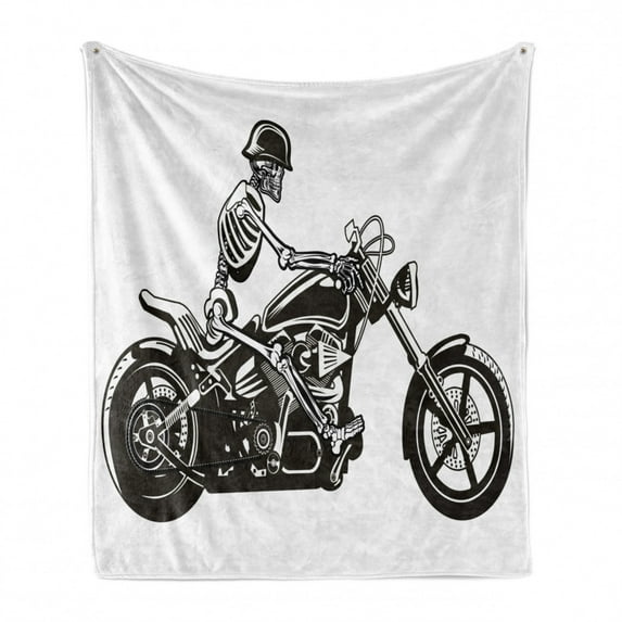 Skeleton Soft Flannel Fleece Throw Blanket, Crazy Halloween Riding a Motorbike Fun Freedom and Dead Themed, Cozy Plush for Indoor and Outdoor Use, 50" x 70", Charcoal Grey and White, by Ambesonne