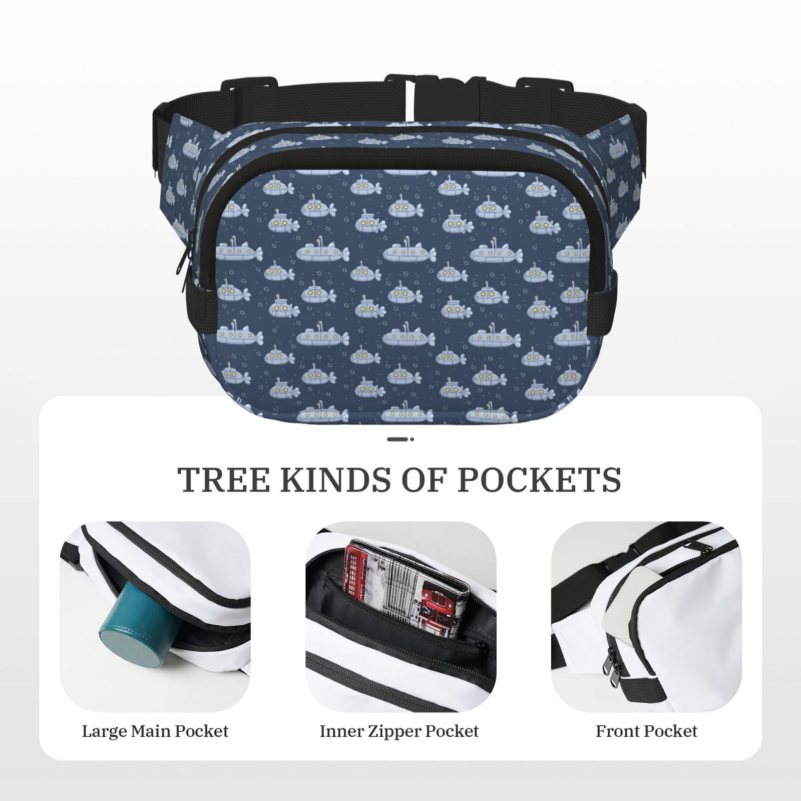Fuzoiu Submarine With Periscope Print Unisex Square Double Layer Waist Bag,Crossbody Fanny Pack Travel Workout Accessory