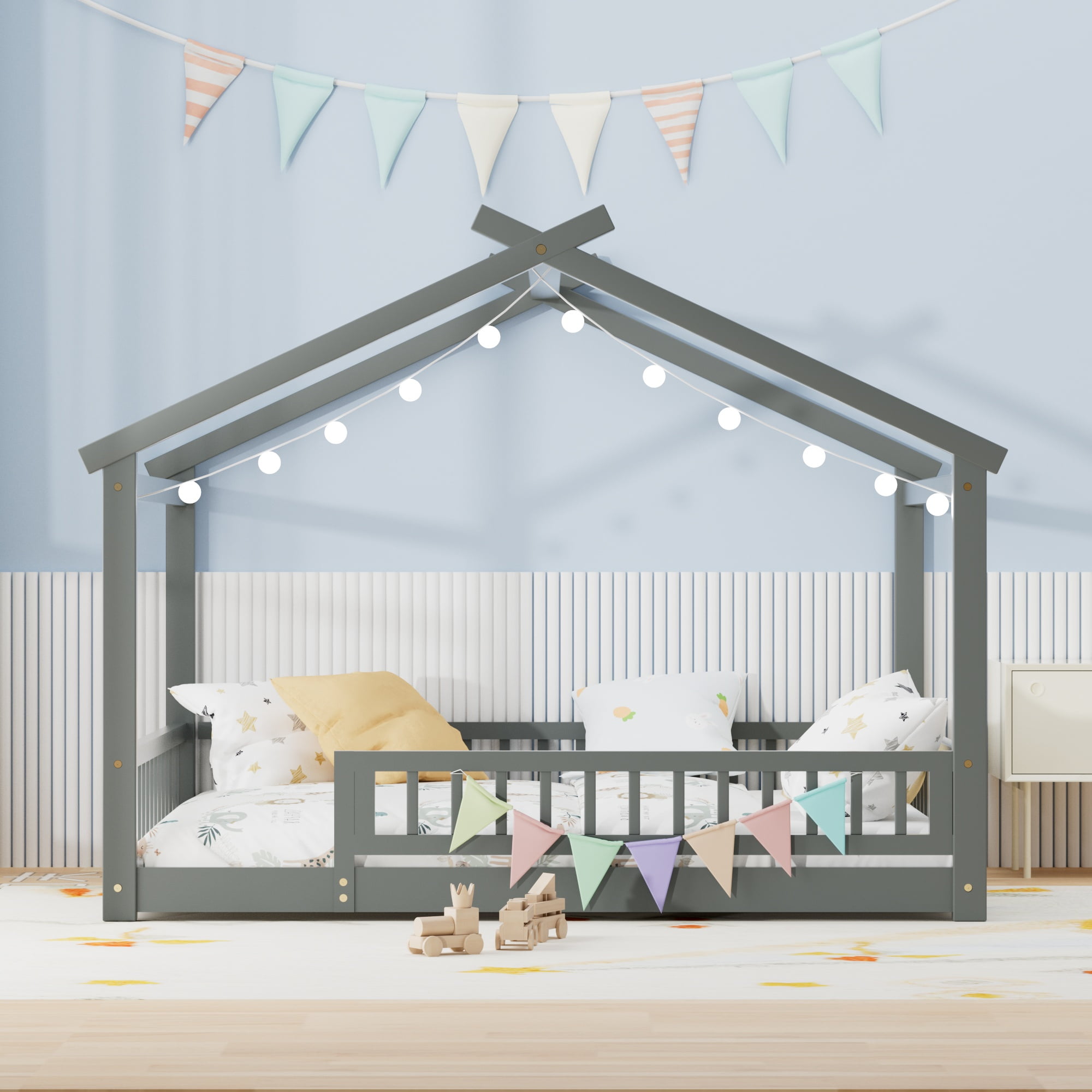 Full Floor Bed with Fence, Solid Wood House Bed with Roof, Montessori Bed Frame Playhouse Bed for Girls and Boys Bedroom, Easy Assembly, Gray