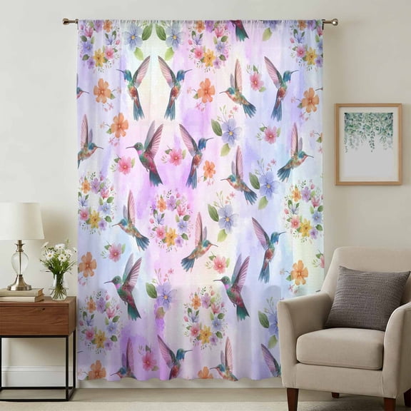 Pink Purple Hummingbird Sheer Curtains 108 Inches Extra Long, Spring Flowers Leaf Plant Light Filering Curtains, Privacy Drapes Simi Floor to Veiling Curtain for Living Room Bedroom Window Treatment