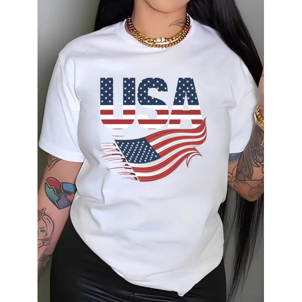 Camiseta de Mujer de Verano SuaveStar-Spangled Comfort, Women's Patriotic American Flag Print Cotton T-Shirt - Casual Crew Neck, Short Sleeve, Breathable & Stretchy, Machine Washable - Perfect for S