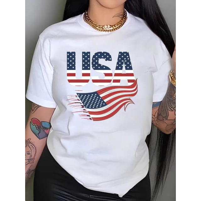 Camiseta de algodón con estampado de bandera estadounidense patriótica para mujer, cómoda y con estrellas. Cuello redondo informal, manga corta, transpirable y elástica. Lavable a máquina. Perfecta pa