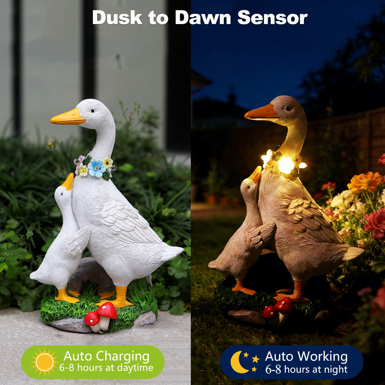 Porch Goose Statue Outdoor, Solar Garden Statue Goose Figurine Lights Outdoor Waterproof, Resin Outdoor Sculpture for Yard Porch Patio Lawn Garden Decor, Unique Gifts for Mom Grandma Women