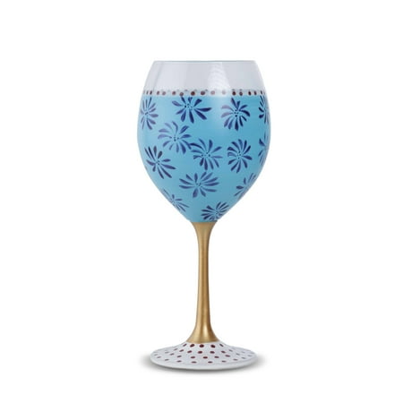 8.5” Clear and Blue Hand Painted Nature’s Splendor Wine Glass 16 oz