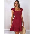 thumbnail image 6 of Women'S Summer Sleeveless Square Neck Dress Smocked Ruffle Backless Boho Beach Short Sundress Wine Red L, 6 of 8