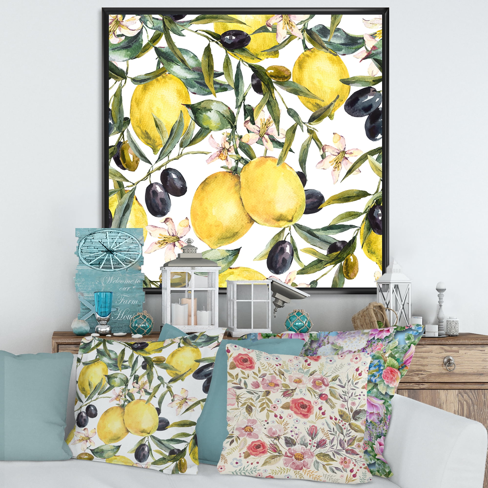 Designart 'Olive and Lemon Branches I' Tropical Framed Canvas Wall Art Print