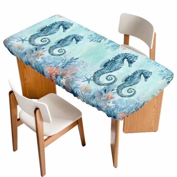 Coastal Seahorse Blue Table Cloths for 4 Foot Rectangle Tables, Summer Beach Nautical Coral Starfish Patio Waterproof Elastic Fitted Tablecloths, Washable Rectangular Table Cover for Camping