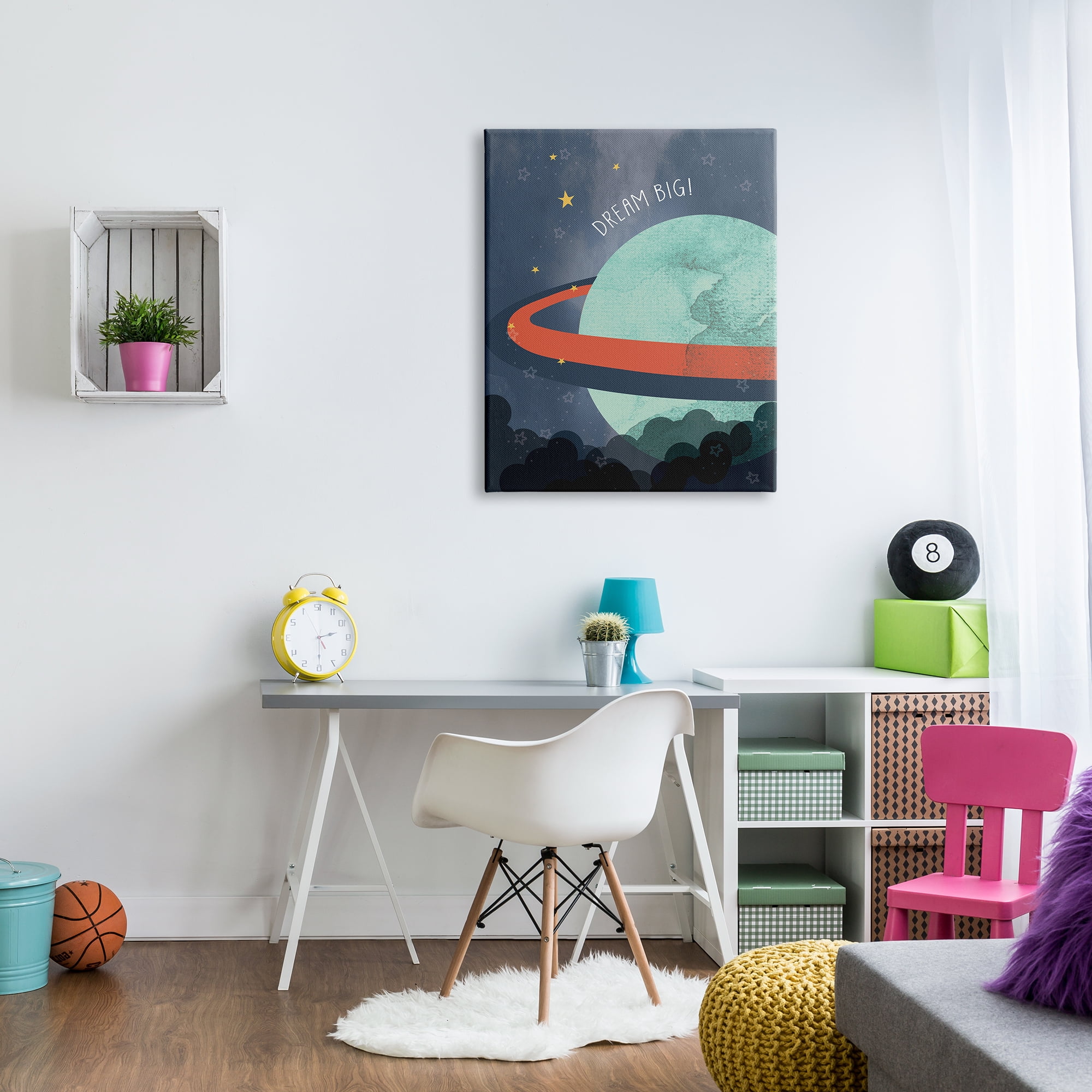 Stupell Industries Dream Big Retro Green Space Planet with Rings Outer Space Painting Gallery Wrapped Canvas Print Wall Art, 30 x 40