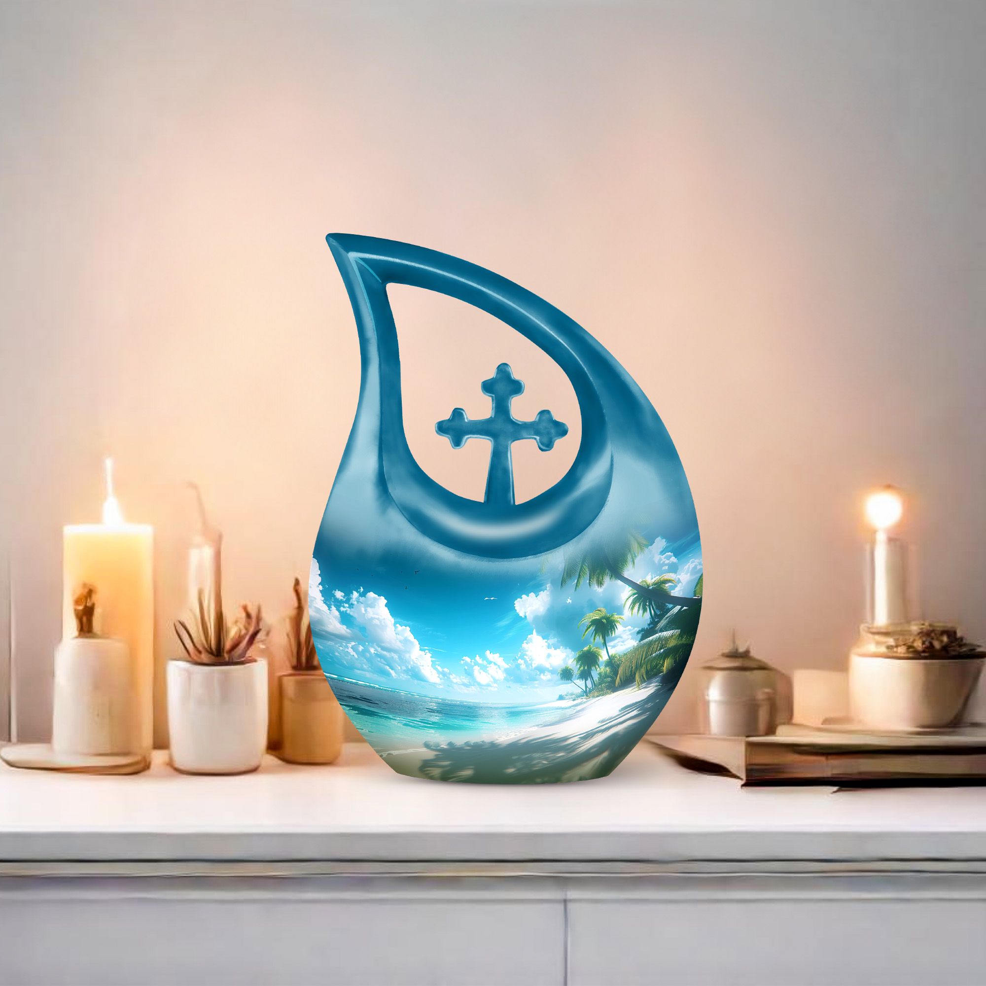 MUKTIVE Beach Cremation Burial Combo Sets Urns for Human Ashes Adult Men & Women, Blue Memorial Funeral Urn for Adult Father & Mother, (1 Large 10 ", 4 Keepsake 3 ") Decoration Urn for Human
