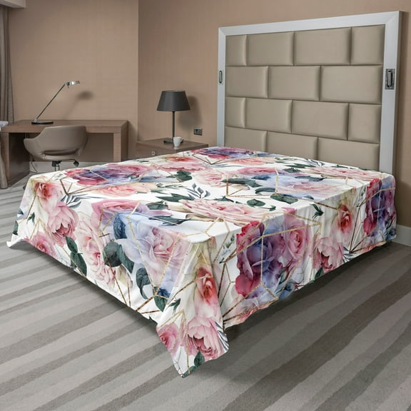 Ambesonne Geometric Floral Flat Bedding Sheet Soft Top Sheet, Roses Blossoming, California King, Pale Pink and Hunter Green