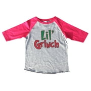 Kids Christmas Grinch 3/4 Sleeves “Lil Grinch” Toddler & Youth Baseball Tee X-Small, Pink