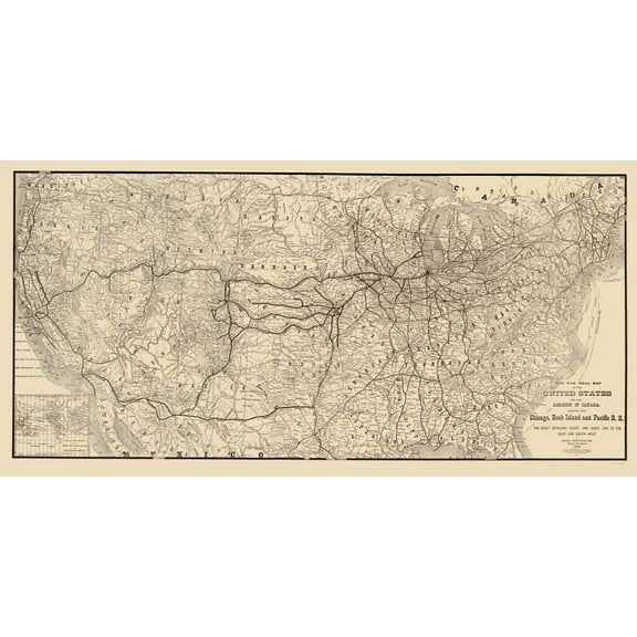 Railroad Map - Chicago Rock Island and Pacific Railroad 1879 - 23 x 46 - Vintage Wall Art