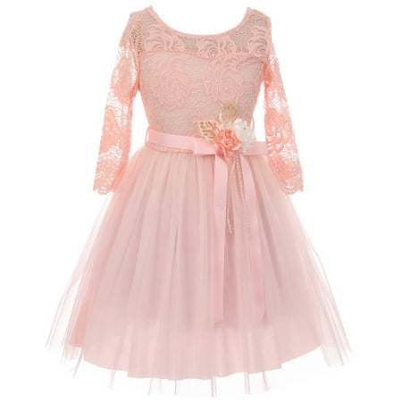 Little Girls Long Sleeve Girls Dress Floral Lace Blushs Corsage Christmas Flower Girl Dress Blush 4 (J20KS98)