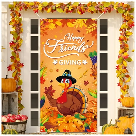 AUQ 2026 New Large Thanksgiving Door Cover Decorations 6X2.9Ft Friendsgiving Party Decorations Backdrop Funny Turkey Hanging Background for Indoor Outdoor Friendsgiving Door Banner Party Supply