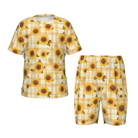 Luyuia Coffee Plaid Sunflower Print Girls  2-Piece Tie-Dye Pajama Set  Cute Summer Loungewear with Shirt and Tank Shorts Nightwear-4X-Large