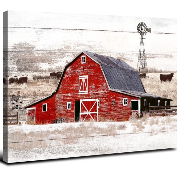 Aaheei Farmhous Red Barn Windmill Wall Art for Living Room Highland Cow Wall Decor Rustic Country Landscape Canvas Prints Picture Rustic Old Barn Poster Painting Rural Artwork Kitchen Decorations