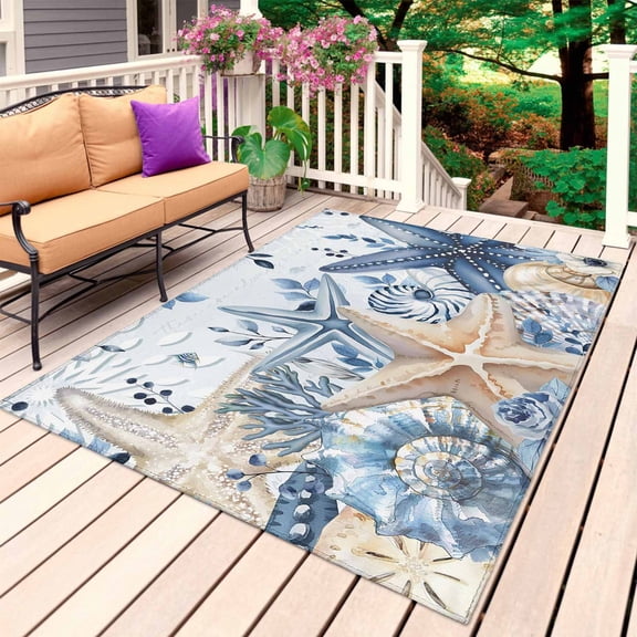 Blue Starfish Coastal Outdoor Rug 3x5 Ft, Non Slip Washable Area Rug, Eucalyptus Summer Nautical Shell Patio Rugs Carpet Runner, Large Floor Mat for Indoor/Outdoor Deck Porch Camping