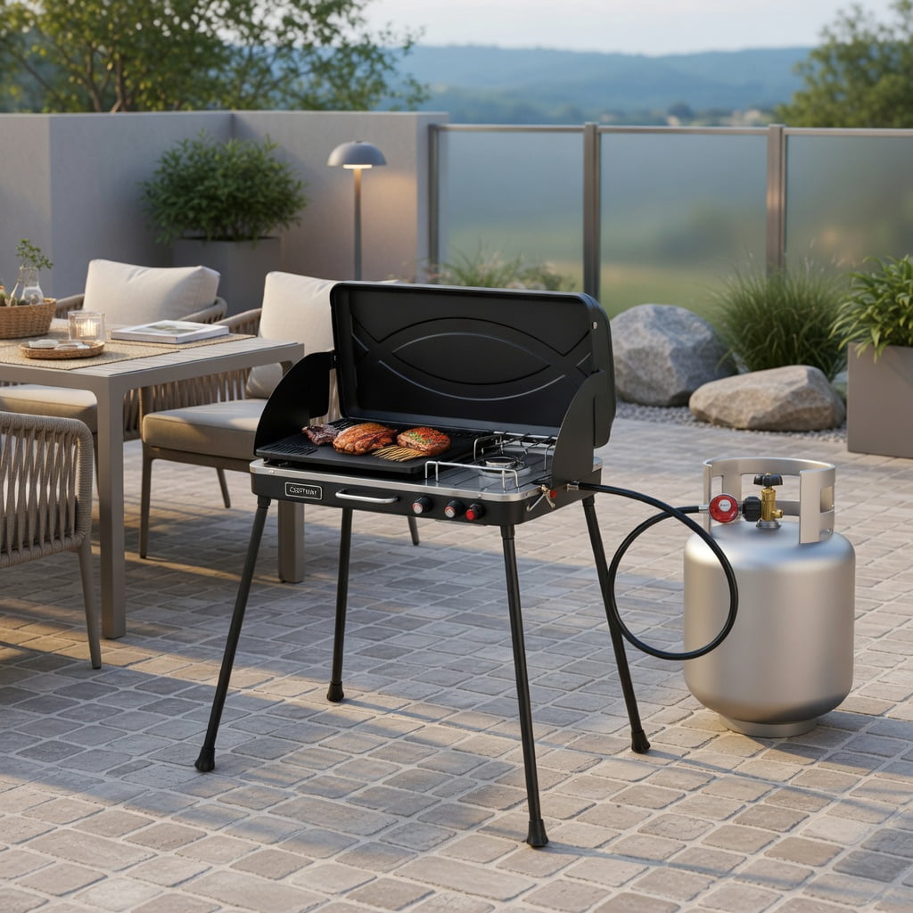 Resenkos Outdoor Patio Barbecue Cooker, Outdoor Grills,2-in-1 Gas Camping Grill and Stove with Detachable Legs-Black