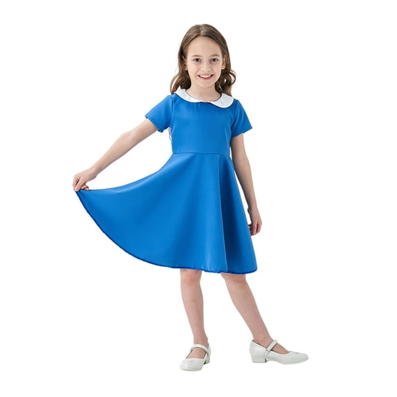WAYUTE Girls Dress Classic High Waist Children's Solid Color Short Sleeved School Style Sundress Casual Summer Outdoor