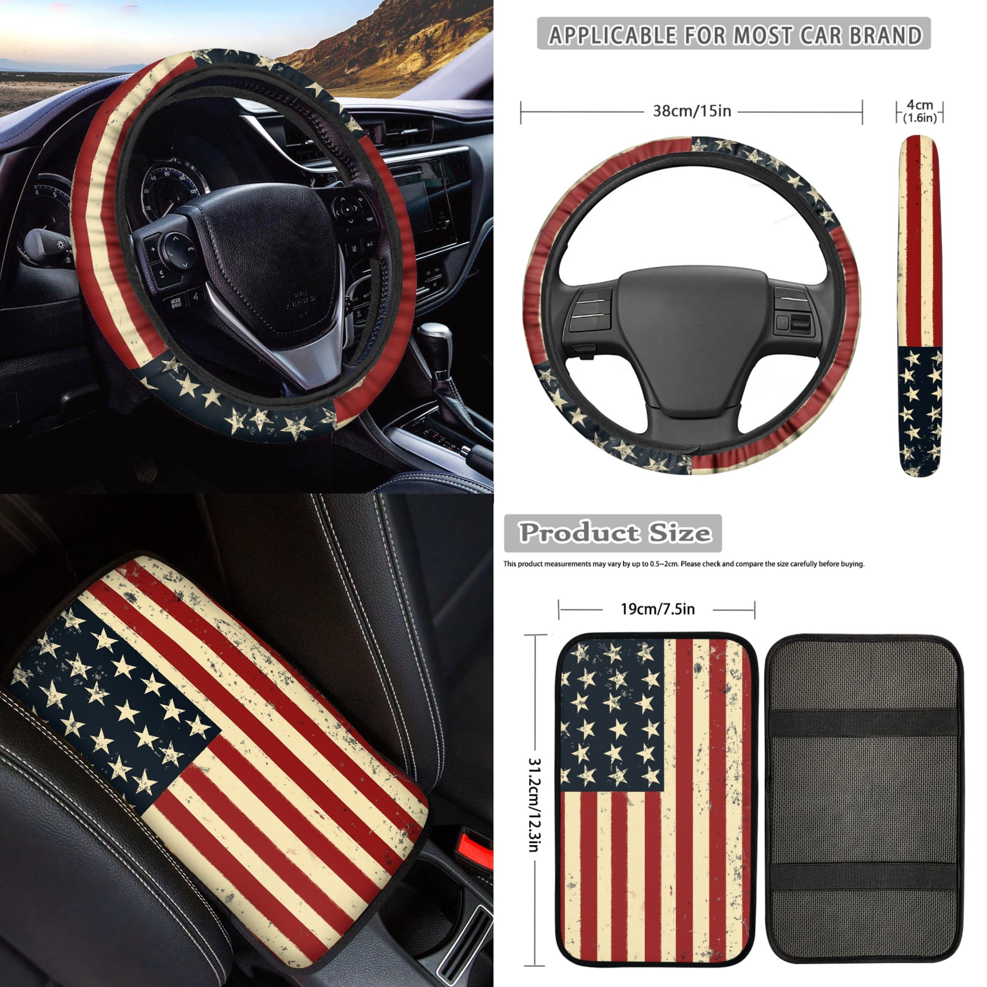 Jeiento American Flag 17 Pieces Car Seat Cover Full Set for Women Men, 4Th of July Car Floor Mat, Seat Belt Cover for Adult Steering Wheel Cover Car Accessories for Car SUV Truck