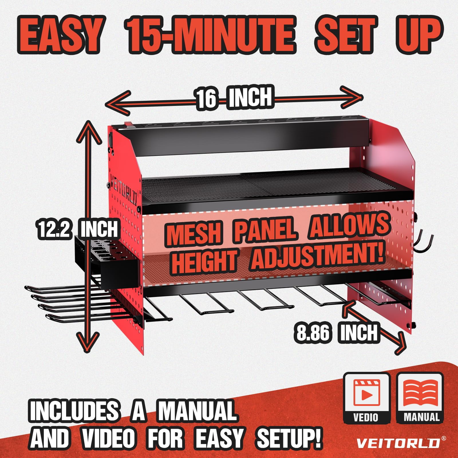 Veitorld Power Tool Organizer with Charging Station,3 Layers Storage Rack with 4 Drill Holders,Heavy Duty Modular Wall Mount Rack for Garage, for Men Dad Him Husband for Christmas Birthday
