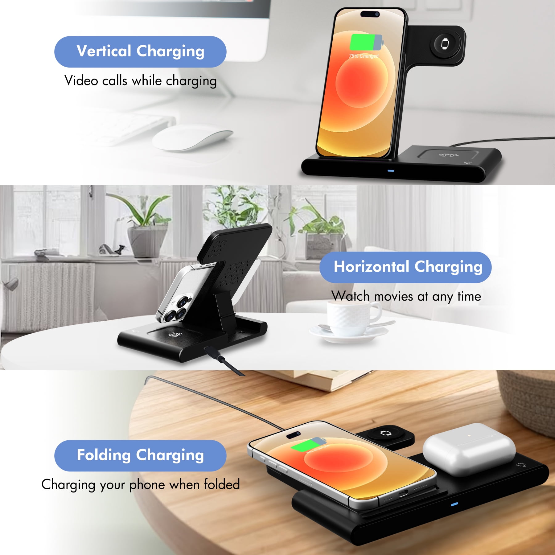 Wireless Charging Stand for iPhone 17 to 8 Series, Wireless Charger Phone Charger Holder Compatible with Apple Watch, for AirPods 4 3 2 Pro, 3 in 1 Fast Charger Stand(Black)