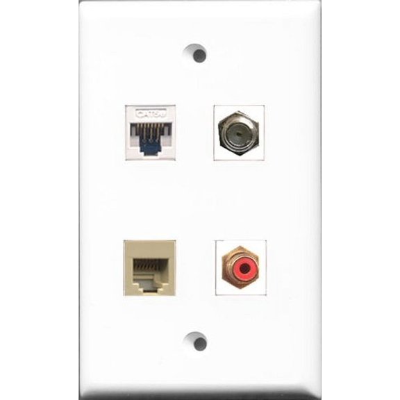 RiteAV - 1 Port RCA Red and 1 Port Coax Cable TV- F-Type and 1 Port Phone RJ11 RJ12 Beige and 1 Port Cat5e Ethernet White Wall Plate