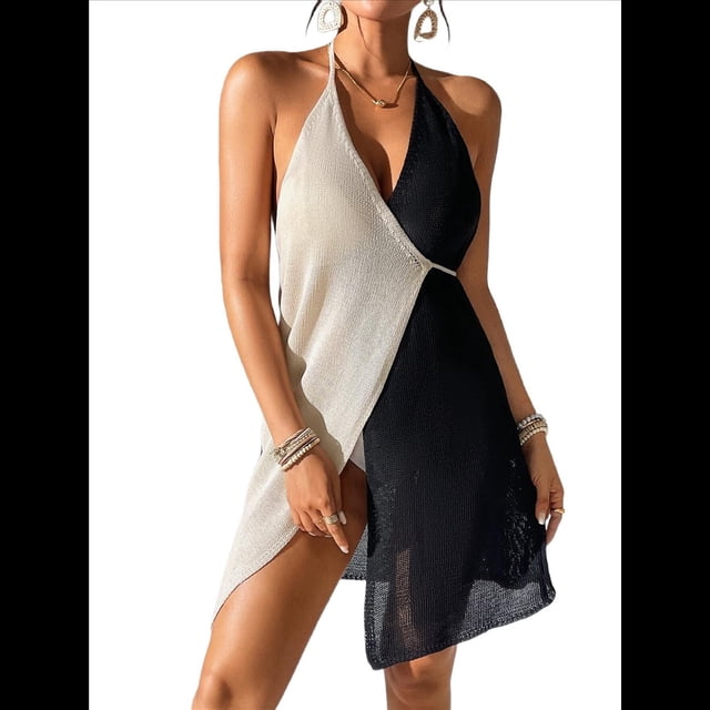 Vestido Tipo Halter Sin Mangas con Cuello en V y Lazo para Mujer, Color Albaricoque, Talla Única