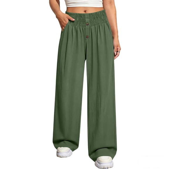 hoksml Women's High Waist Straight Leg Pants, Casual Button Detail Trousers with Pockets and Shirred Waist