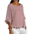 thumbnail image 4 of Qulqfy Crew Neck Women's Blouses Short Sleeve Striped Loose Casual Ruffle Spring Summer Boho Trendy Ladies Tops and Blouses Red M, 4 of 8