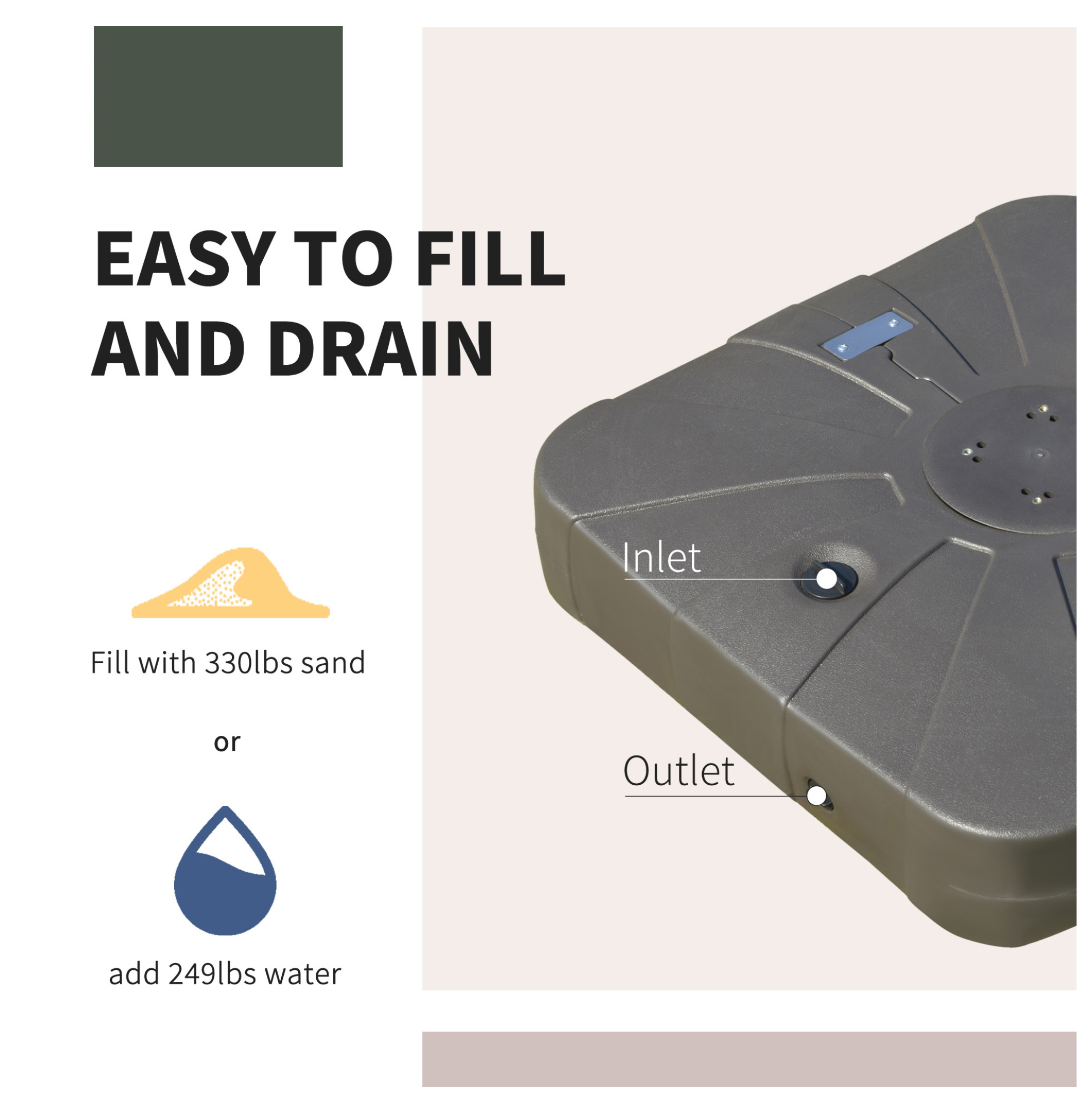 Square Cantilever Patio Umbrella Base with 4 Wheels for Easy Moving, Heavy Duty Umbrella Stand Weight, 330 lb Capacity Sand or 286 lb Capacity Water, Coffee