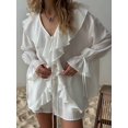 thumbnail image 6 of Two Piece Sets for Women Long Sleeve Peplum Lace Trim Chiffon Shirt Wide Leg Short Pants Vacation Travel Outfits White S, 6 of 8