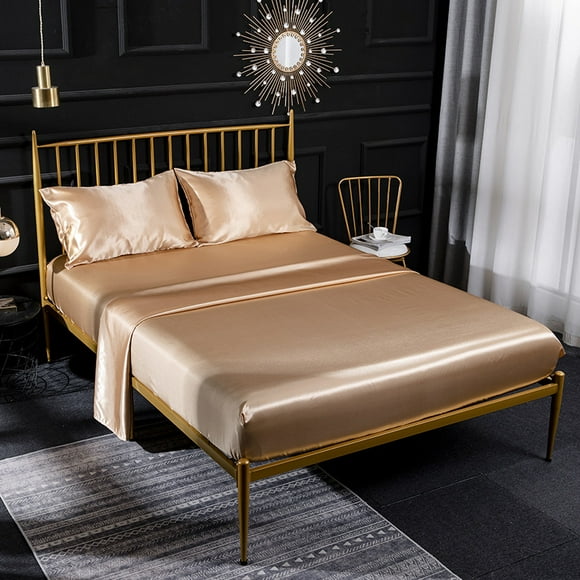 Satin Bed Sheets, Twin Size Sheets Set, 3 Pcs Silky Bedding Set with 15 Inches Deep Pocket for Mattress (Twin, Champagne)