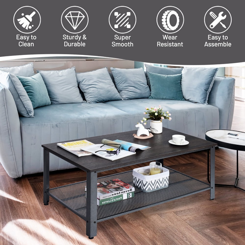 Finihen Wooden Coffee Table, Metal Frame Wood Coffee Table Console Table with Storage Shelf, for Living Room, Reception Room, Office, Black