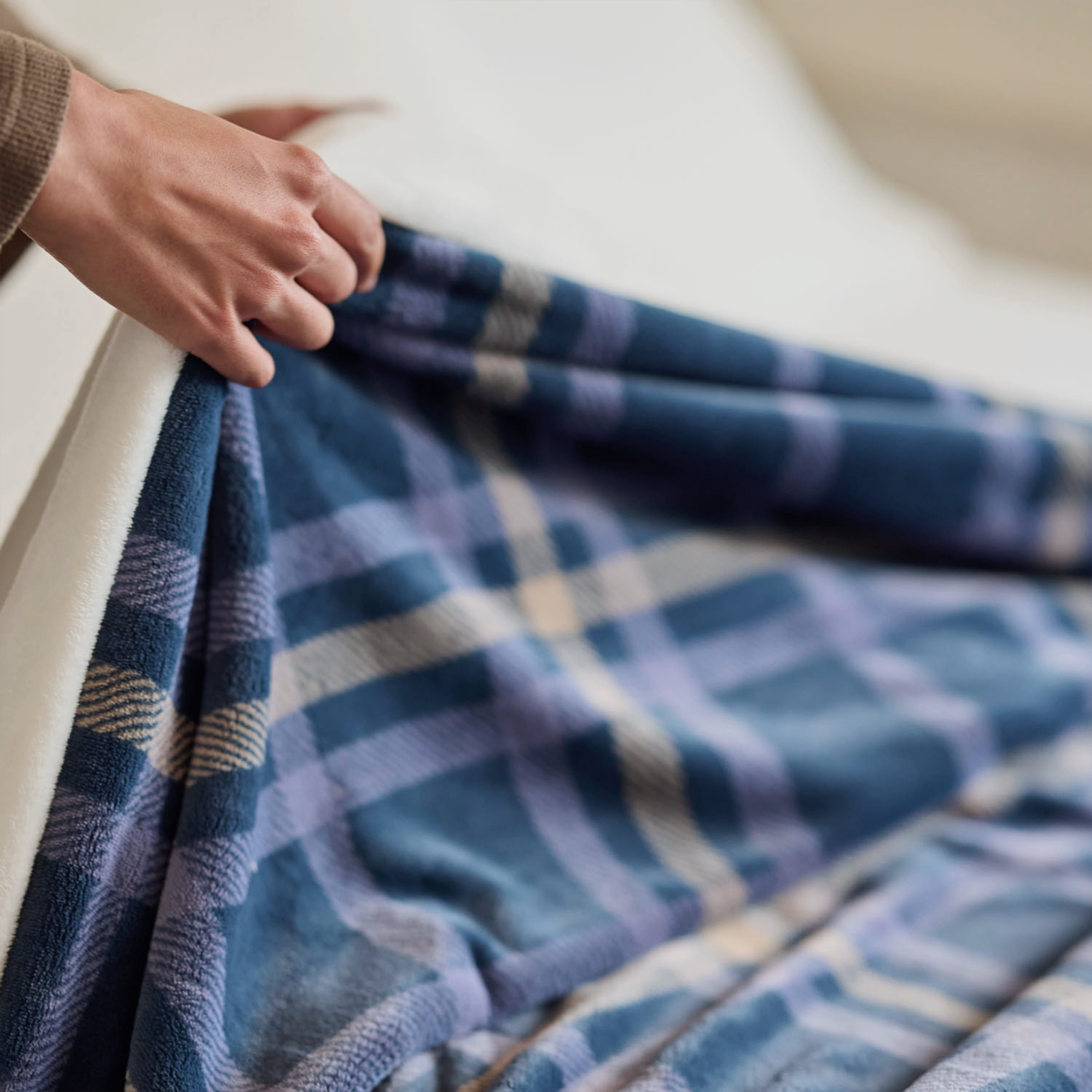 Berkshire Life Cozy Luxe Plush Plaid Bed Blanket, Navy Blue, King Size