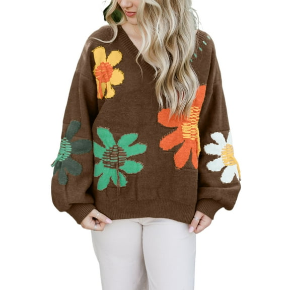 Women's Coffee Big Flower Pattern V Neck Drop Shoulder Sweater | [ZhiHiMeRi] | (US 12-14)L