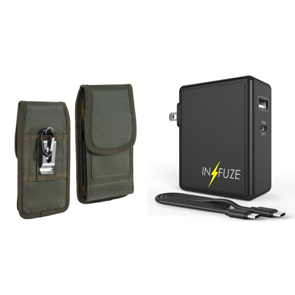 Holster and Wall Charger Bundle for TCL Stylus 5G: Vertical Rugged Nylon Belt Pouch Case (Midnight Green) and 45W Dual USB Port PD Power Delivery Type-C and USB-A Power Adapter